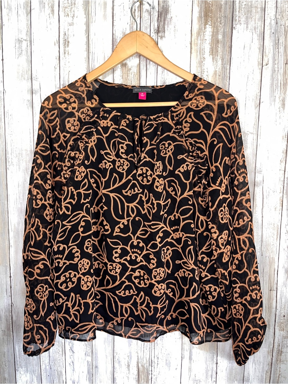 Vince Camuto Black Brown Floral Ruffle Blouse Balloon Sleeve M - Picture 2 of 6